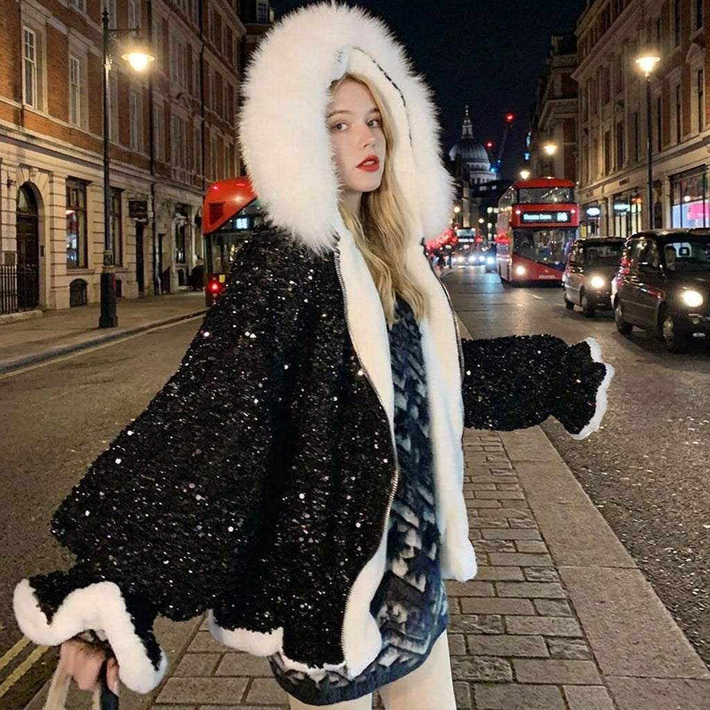 Sequin Ruched Fur Jacket