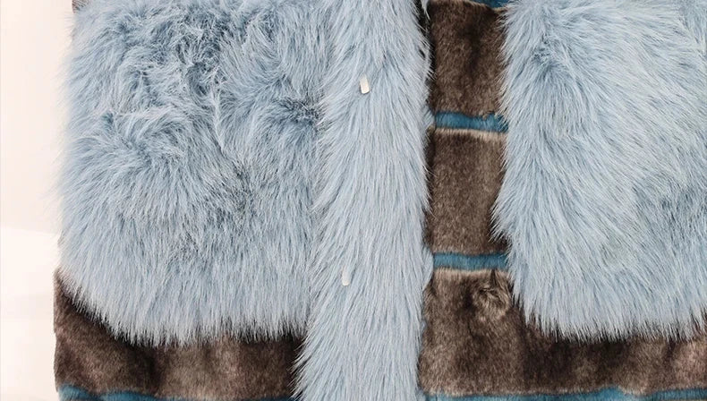 Grey and Blue Striped Faux Fur Coat - Festigal