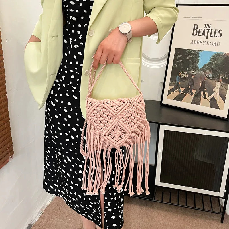 Fringed Woven Crochet Crossbody Bag - Festigal