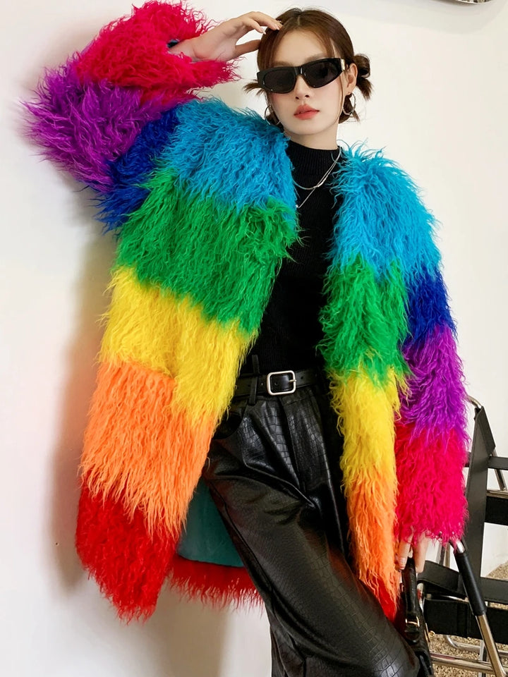 Rainbow Striped Faux Fur Coat - Festigal