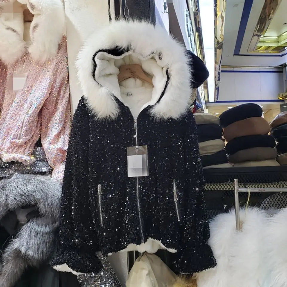Sequin Ruched Fur Jacket