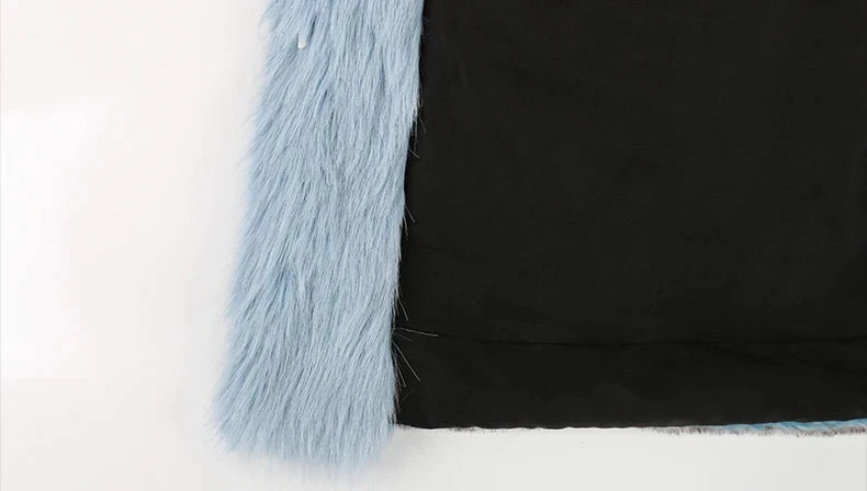 Grey and Blue Striped Faux Fur Coat - Festigal