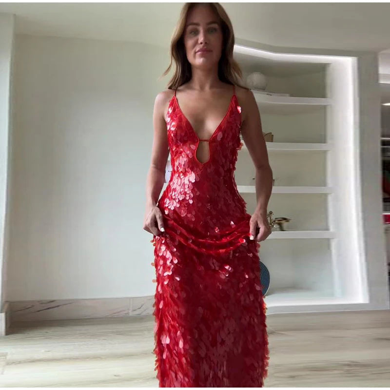 Red Sequin Maxi Dress - Festigal