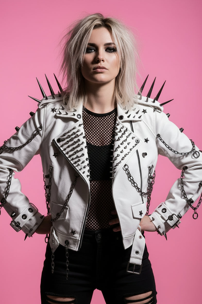 White Faux Leather Spiked Jacket