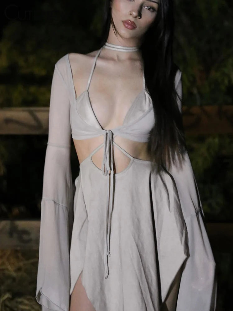 Asymmetrical Bell Sleeve Lace-Up Dress - Festigal