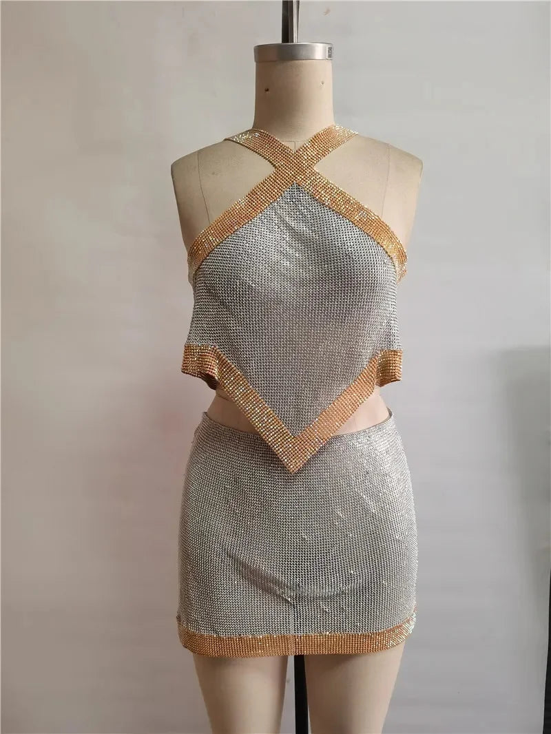 Metallic Sequin Asymmetrical Top & Skirt Set - Festigal