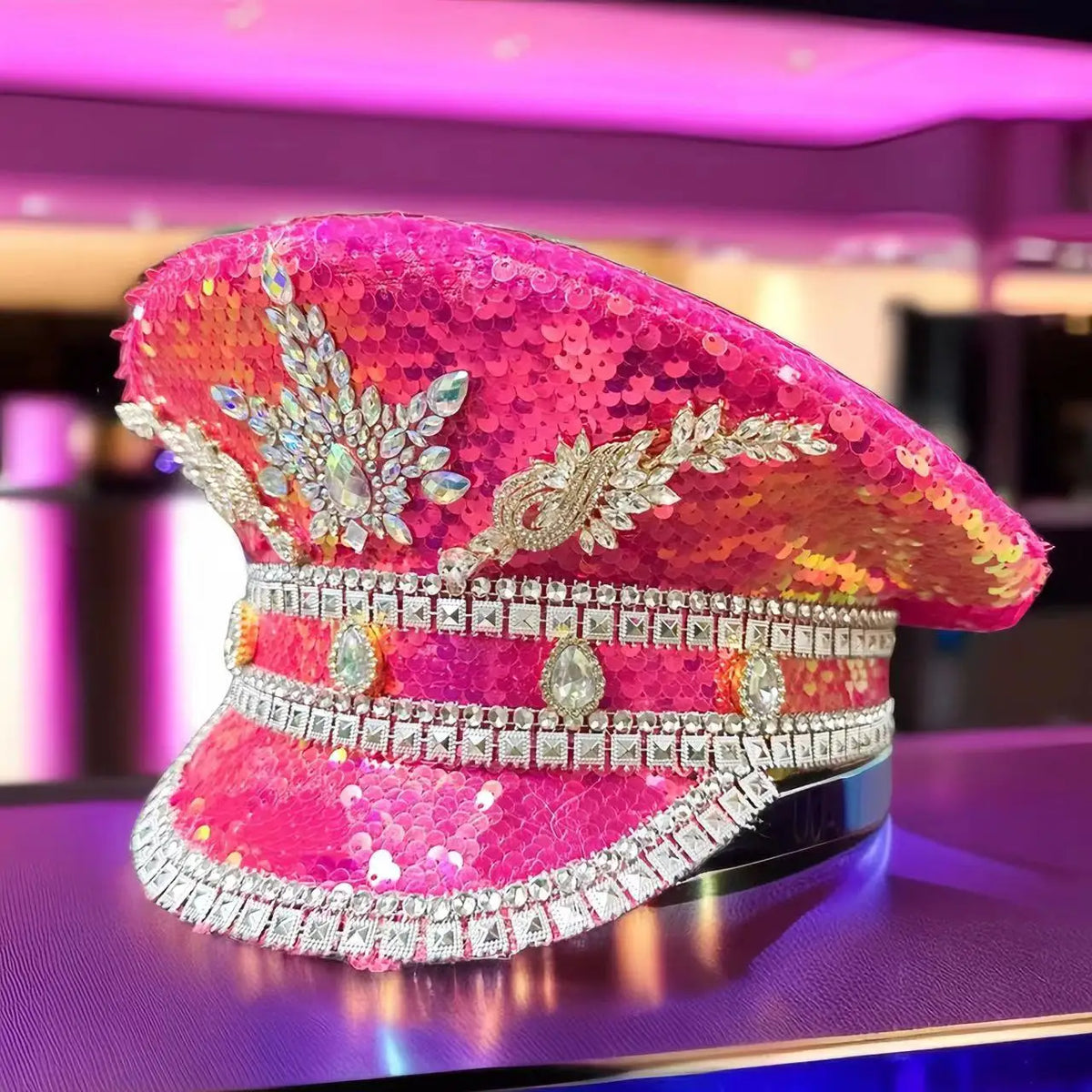Pink Sequin Rhinestone Military Cap - Festigal