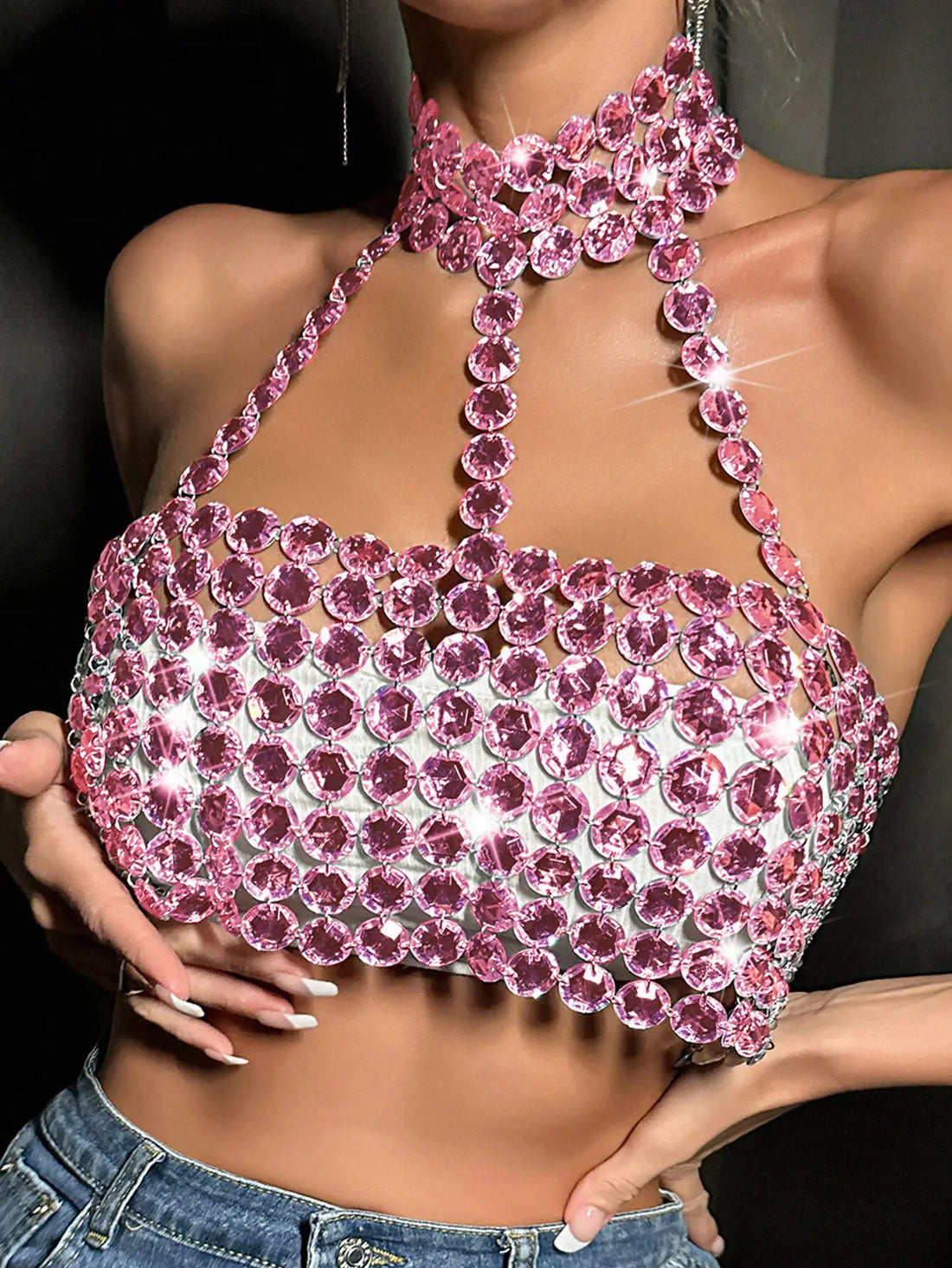 Rhinestone Halter Neck Crop Top - Festigal