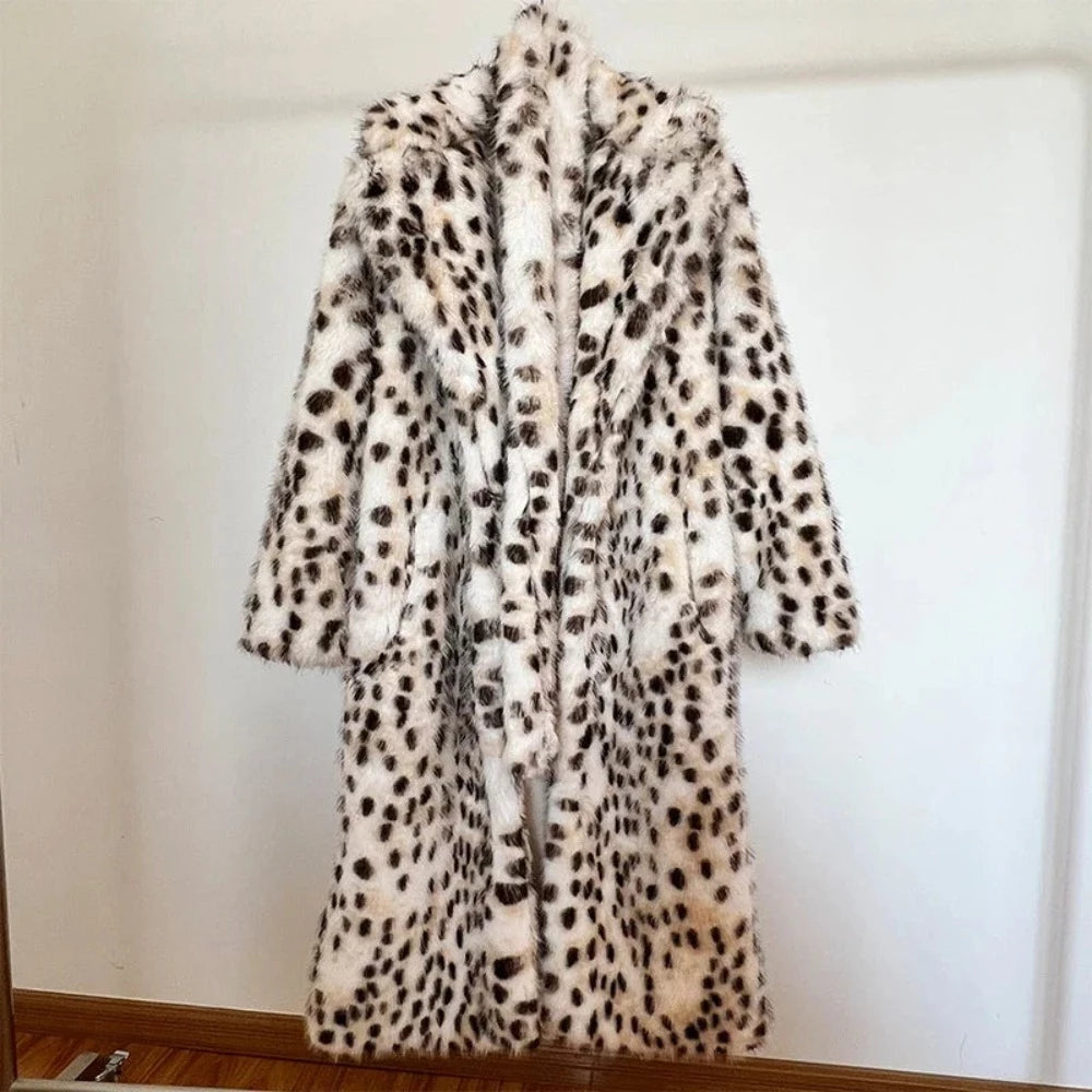 Snow Leopard Style Faux Fur Coat - Festigal