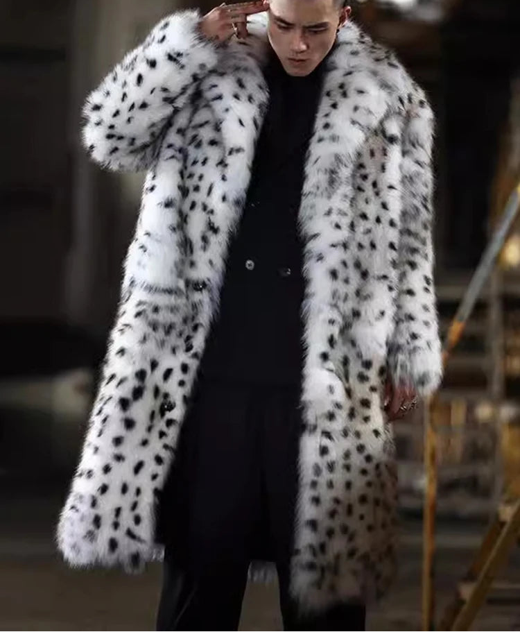 Mens Snow Leopard Faux Fur Coat