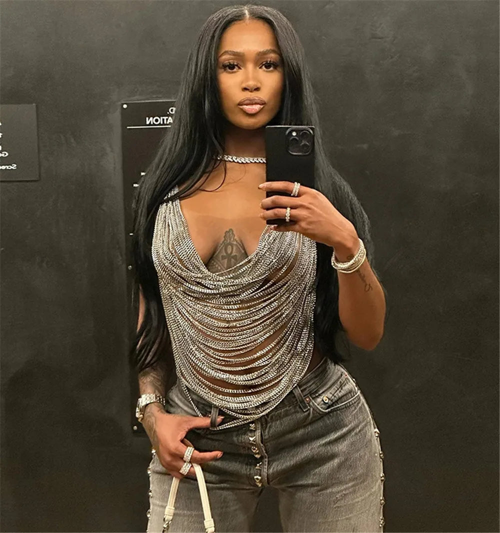 Draped Chain Halter Neck Top