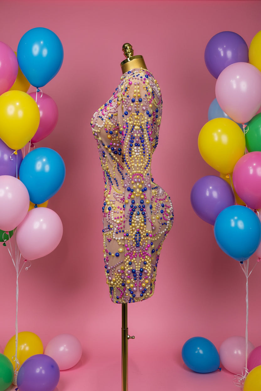Rainbow Embellished Long Sleeved Dress