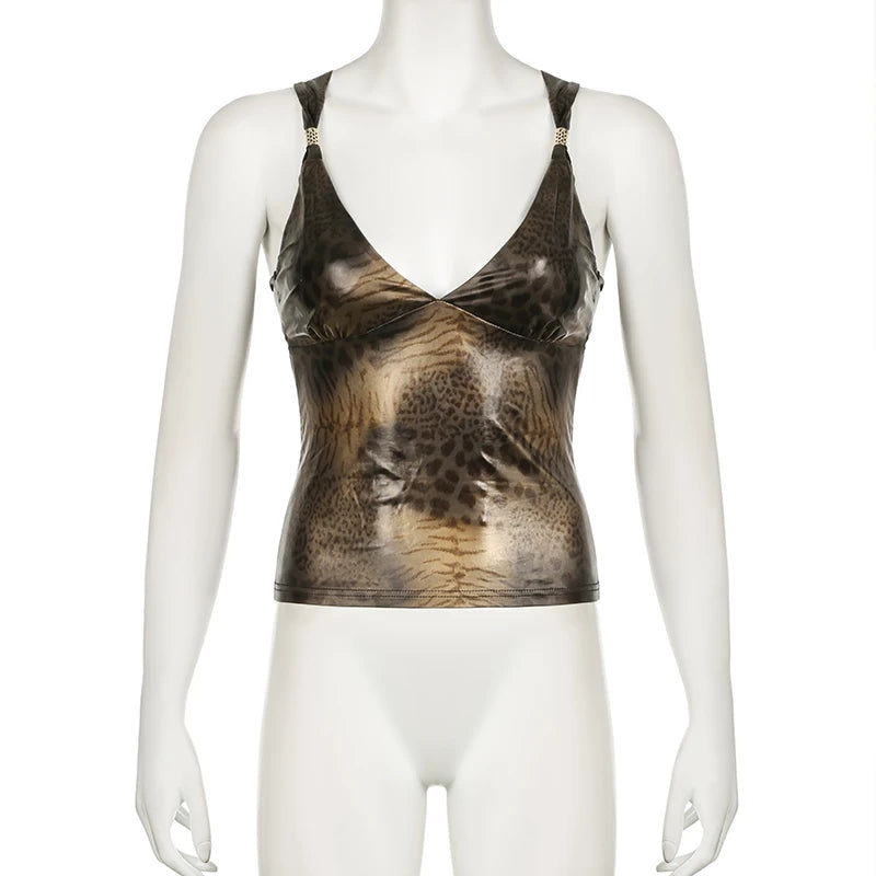 Wet Look Leopard Print Top - Festigal