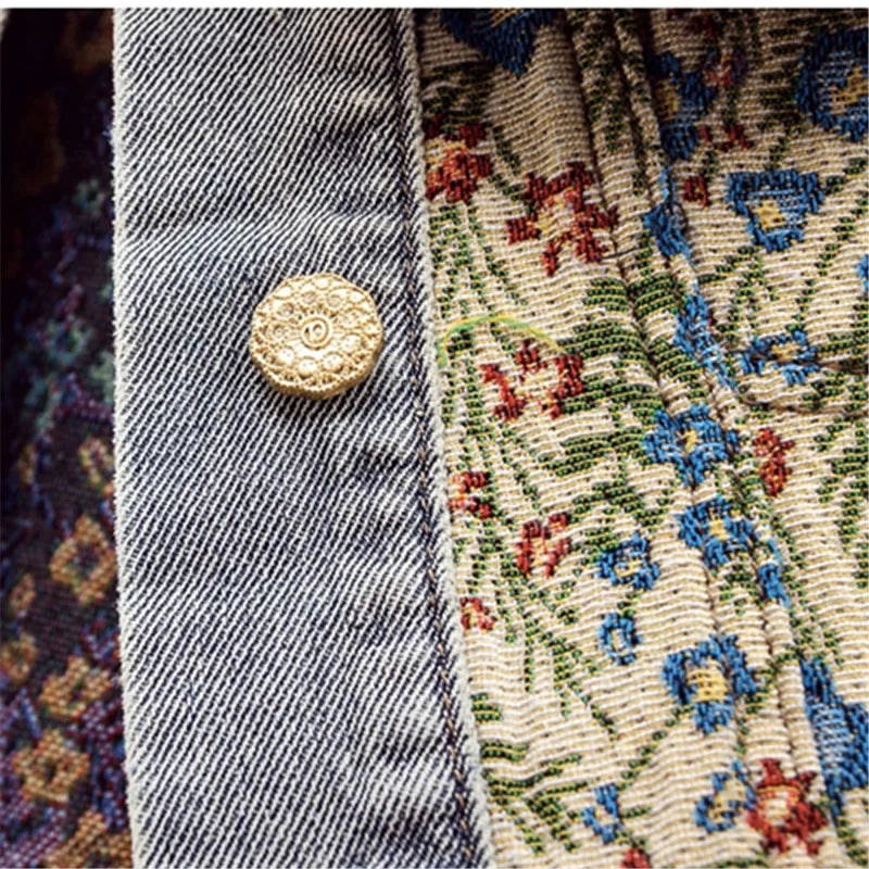Oversized Collar Floral Denim Jacket - Festigal