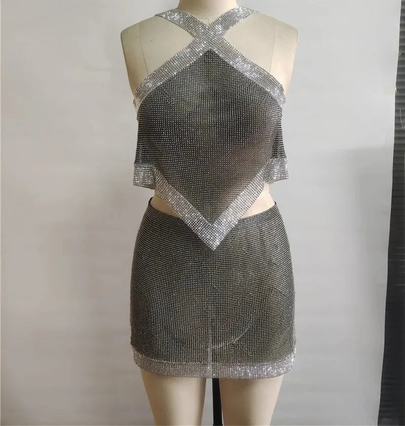 Metallic Sequin Asymmetrical Top & Skirt Set - Festigal