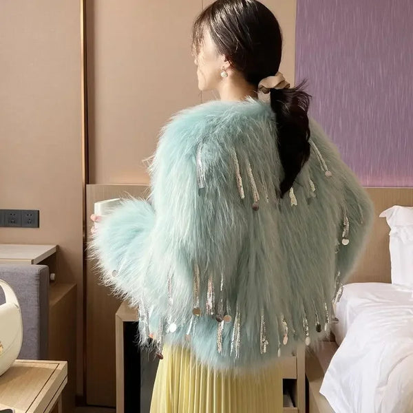 Women's Faux Fur Blue Sequin Tassel Jacket - Festigal