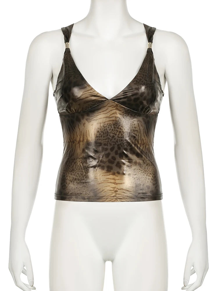 Wet Look Leopard Print Top - Festigal