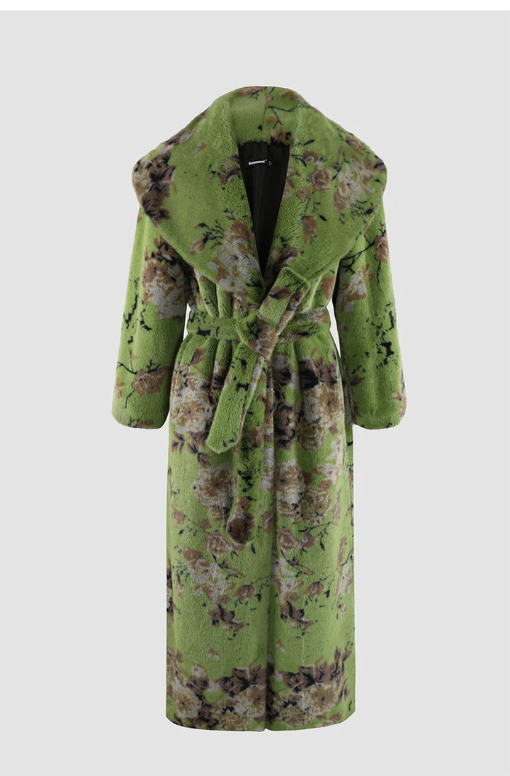 Green Floral Longline Faux Fur Coat