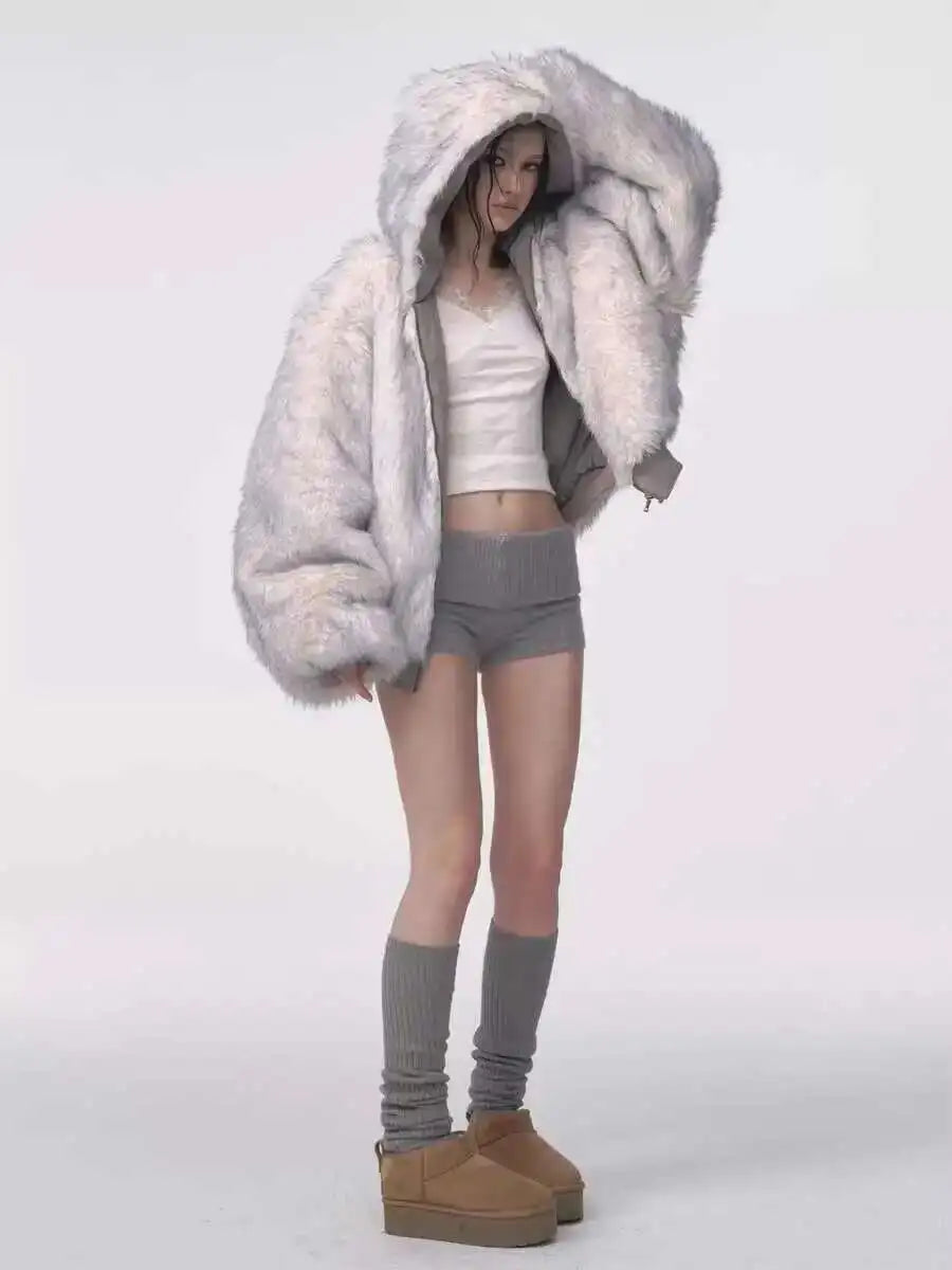 Reversible Grey Padded Faux Fur Jacket - Festigal