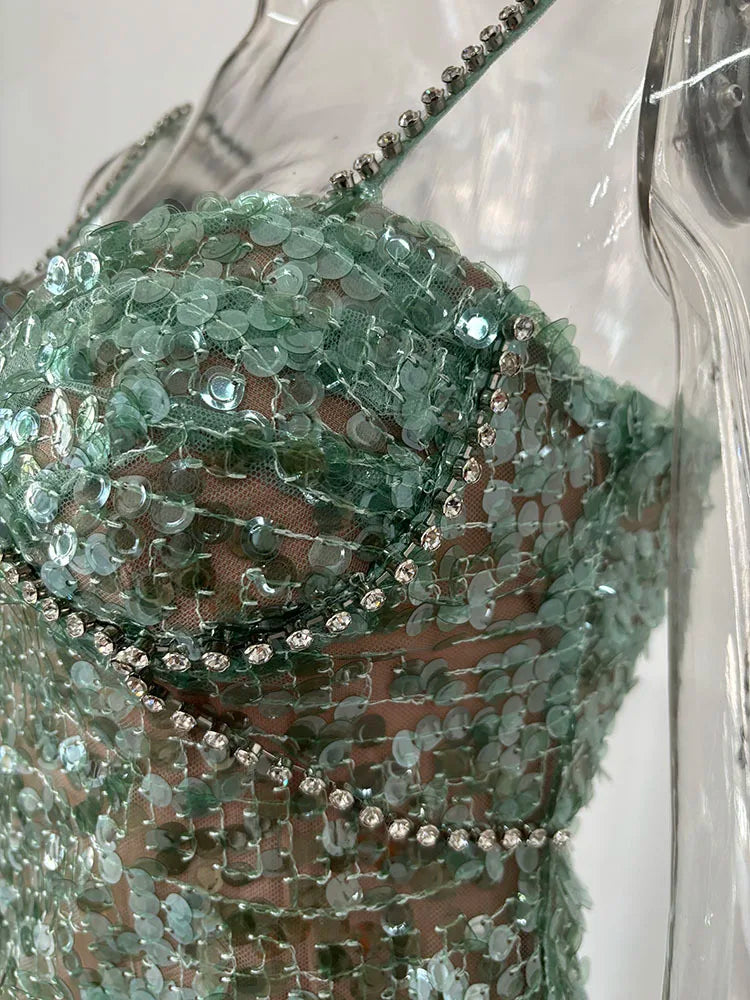 Embellished Green Bustier Dress - Festigal