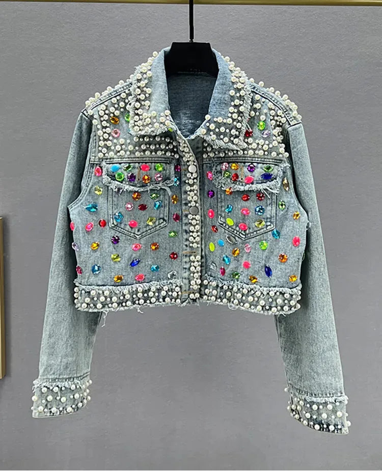 Pearl Gem Embellished Denim Jacket