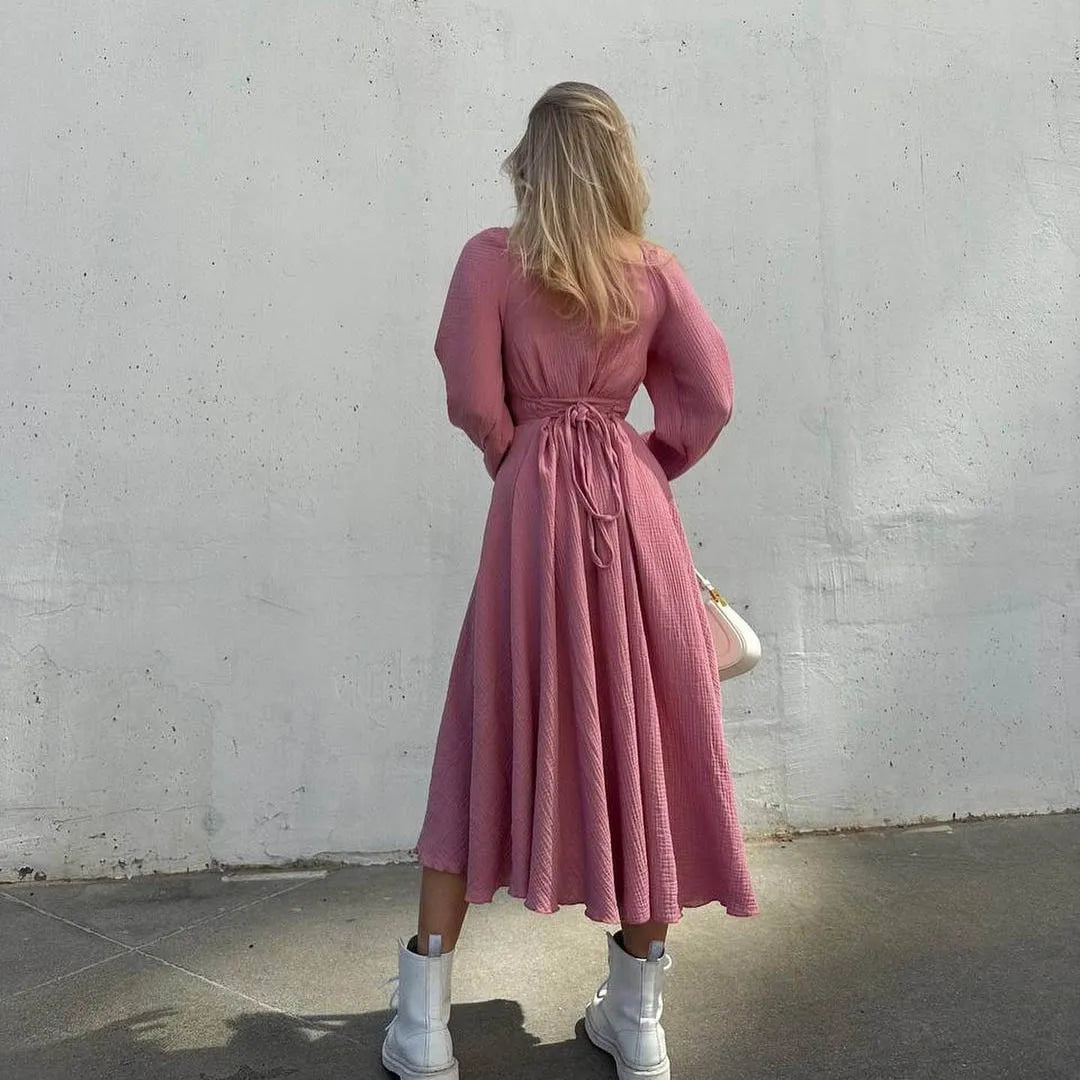 Lace-Up Lantern Sleeve Midi Dress - Festigal