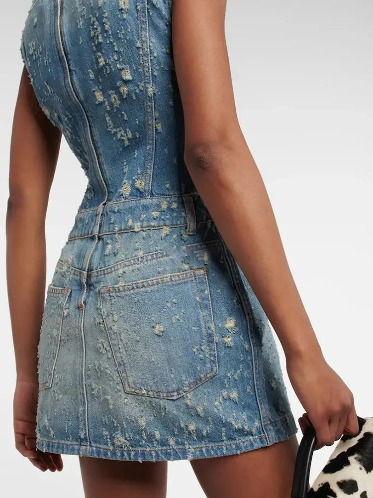 Distressed Denim A-Line Dress - Festigal