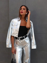 Metallic Look Jacket & Pants Two Piece Set - Festigal