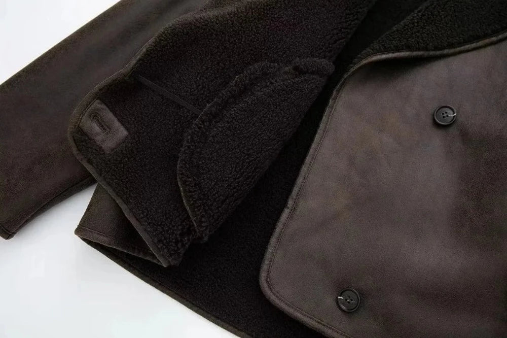 Vintage Effect Brown Faux Lambs Wool Shearling Jacket - Festigal