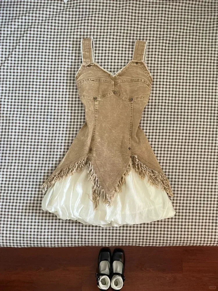 Denim Distressed Tank Top & Bubble Skirt Two Piece Set - Festigal