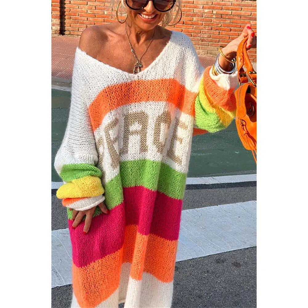 Knitted Oversized Peace Long Sweater Dress - Festigal