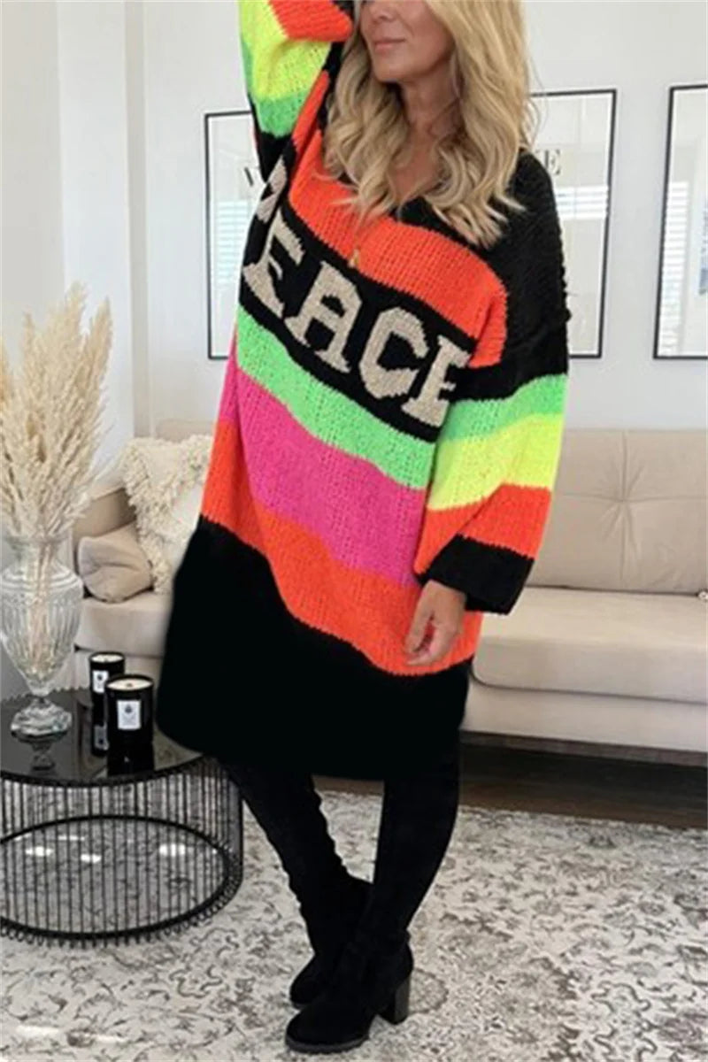 Knitted Oversized Peace Long Sweater Dress - Festigal
