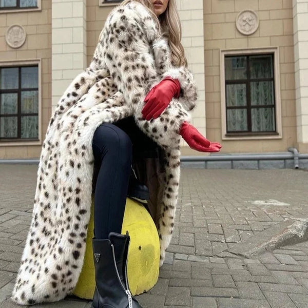 Snow Leopard Style Faux Fur Coat - Festigal