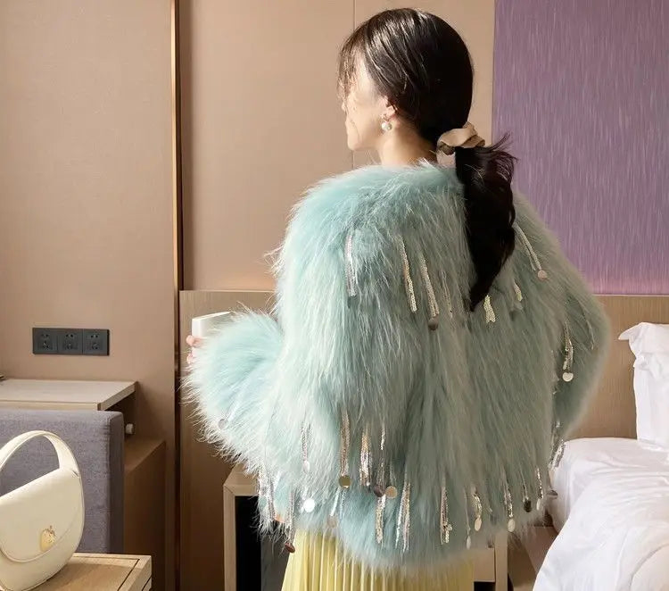 Women's Faux Fur Blue Sequin Tassel Jacket - Festigal
