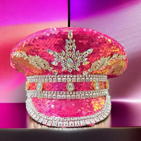 Pink Sequin Rhinestone Military Cap - Festigal