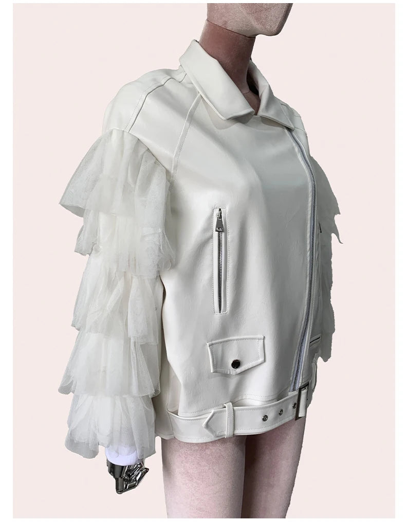 Faux Leather Ruffle Sleeve Jacket - Festigal