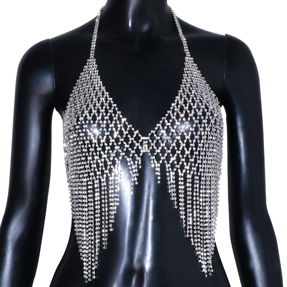 Rhinestone Tassel Harness Style Bralette Crop Top - Festigal