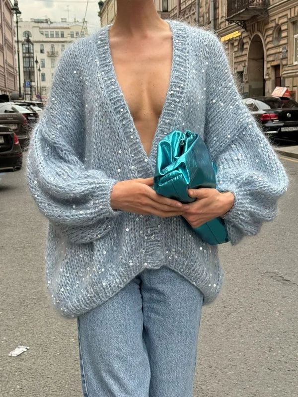 Sequin Deep V Neck Cardigan - Festigal
