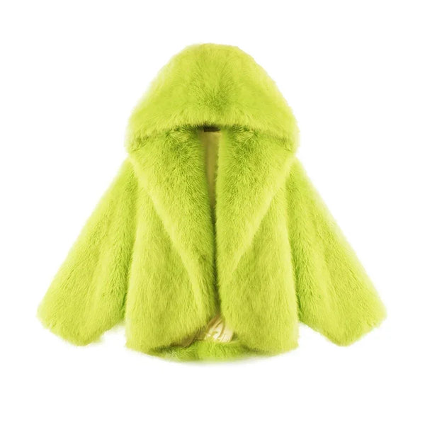 Hooded Batwing Faux Fur Coat - Festigal