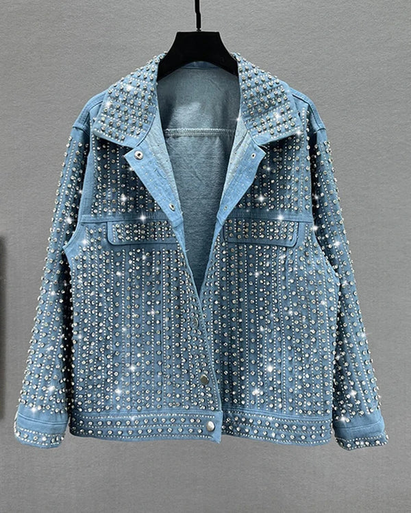 Rhinestone Embellished Denim Jacket - Festigal