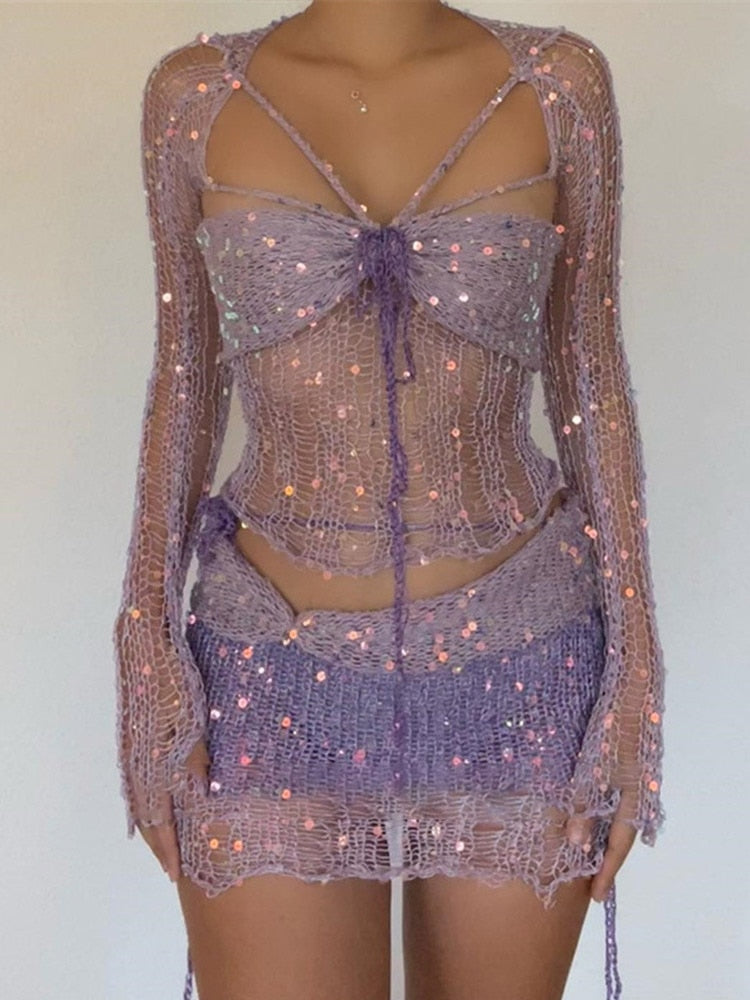 Distressed Knitted Sequin Three Piece Set - Festigal