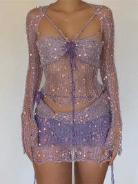 Distressed Knitted Sequin Three Piece Set - Festigal