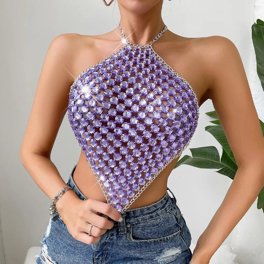 Sparkly Crystal  Purple Halter Backless Crop Top - Festigal