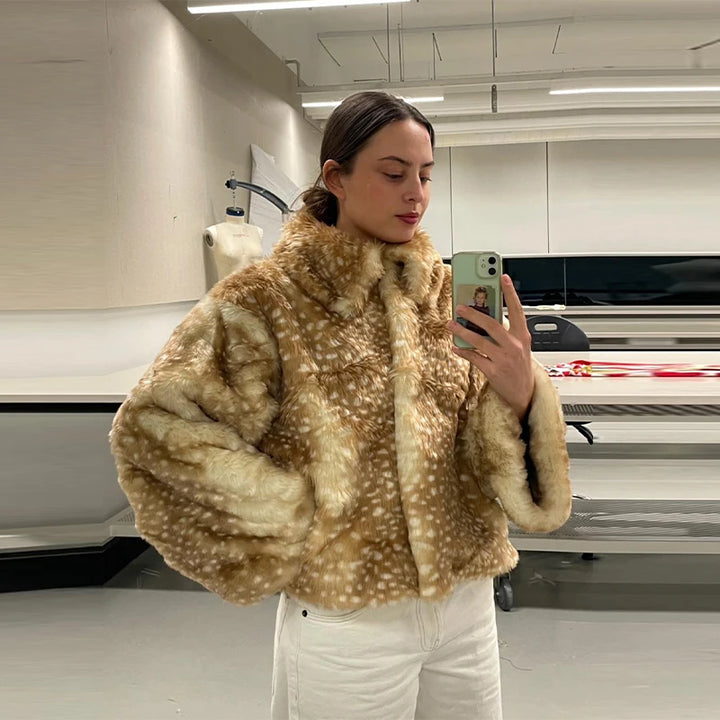 Faux Fur Deer Print Bomber Jacket