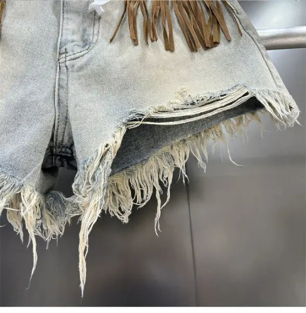 Denim Distressed Tassel Shorts - Festigal