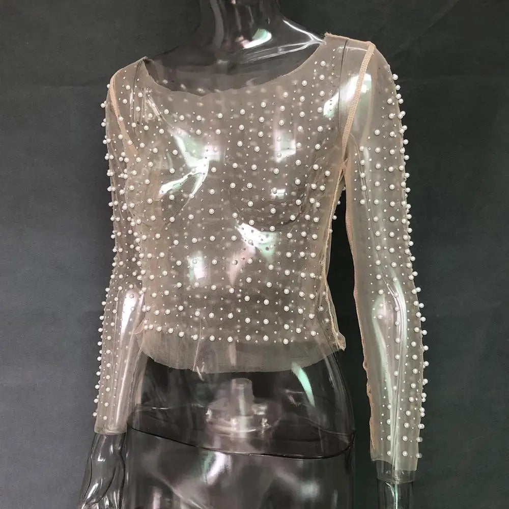 Mesh Pearl Embellished Long Sleeved Top - Festigal