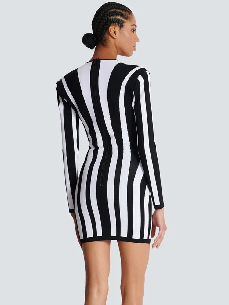 Black and White Striped Bandage Dress - Festigal