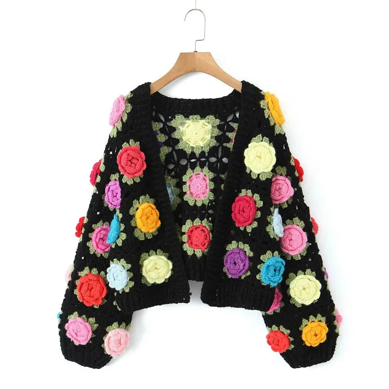3D Rose Handmade Crochet Cardigan - Festigal