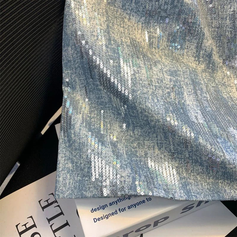 Blue Sequin High Waist Skirt - Festigal