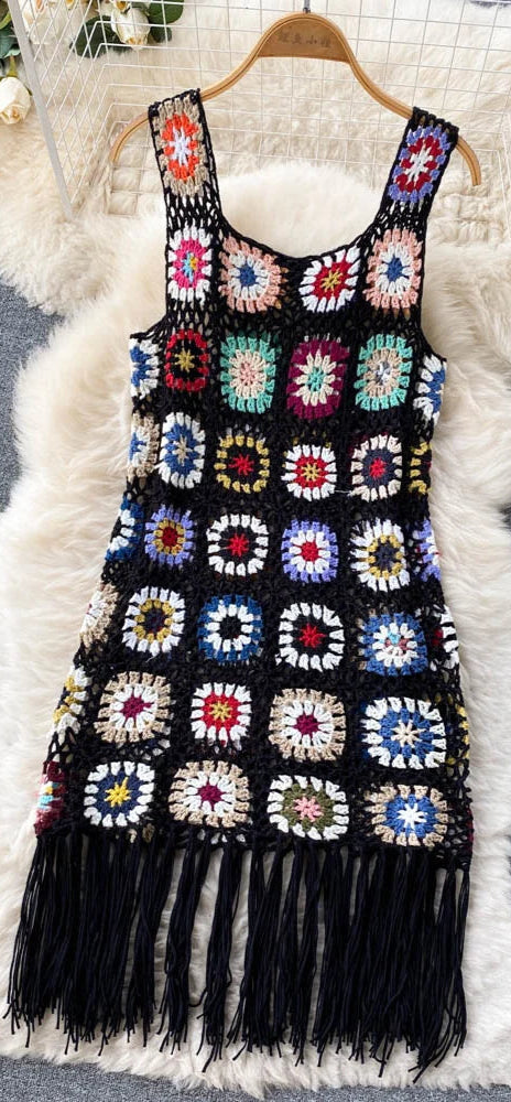 Crochet Granny Square Tassel Dress - Festigal